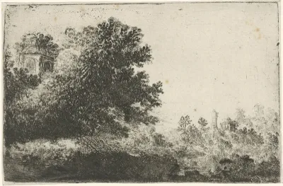 Landschap met een obelisk rechts