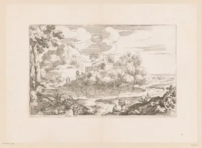 Landschap met een op de grond gezeten vrouw en een balkende ezel