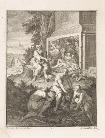 Landschap met een oude vrouw bij een monument