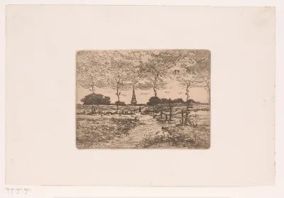 Landschap met een pad in de richting van een kerktoren