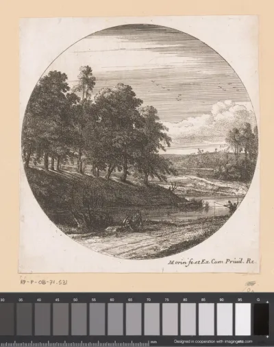 Landschap met een pad langs een rivier met figuren
