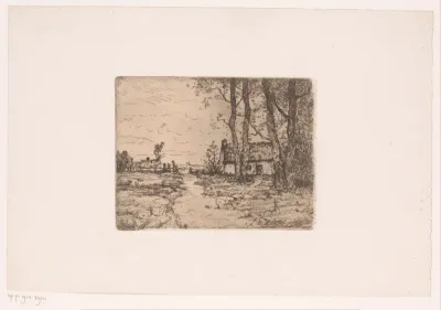 Landschap met een pad tussen twee boerderijen door, in de achtergrond een molen