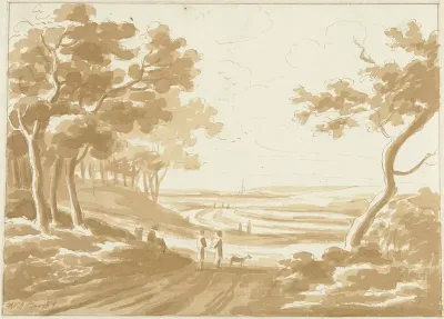 Landschap met een pad waarop mensen lopen