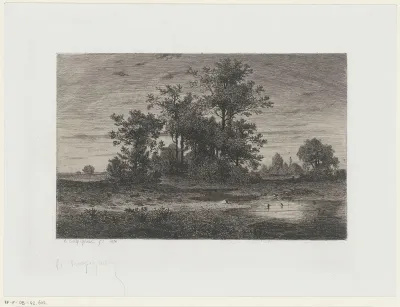 Landschap met een plas voor een boompartij