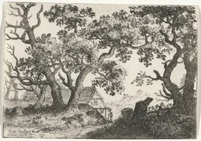 Landschap met een reiziger bij een huis