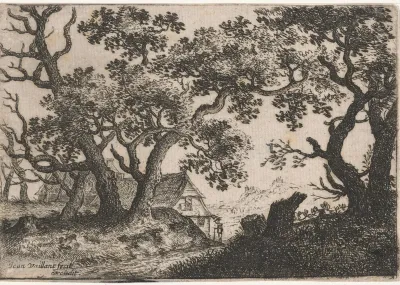 Landschap met een reiziger bij een huis
