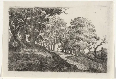 Landschap met een reiziger op een weg bij twee huizen