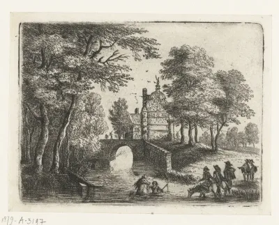 Landschap met een rivier, een brug en ruiters
