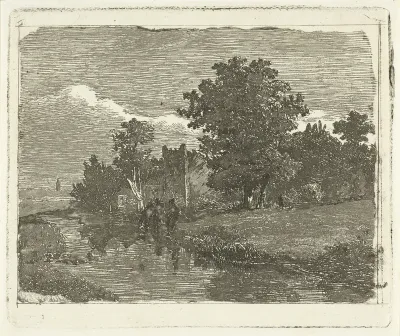 Landschap met een rivier en drie vissende mannen aan de waterkant