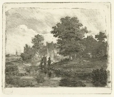 Landschap met een rivier en drie vissende mannen aan de waterkant