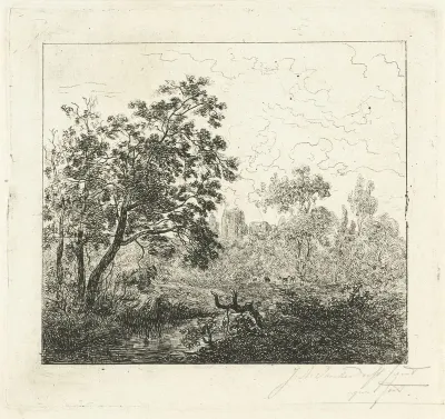 Landschap met een rivier en een boomstronk