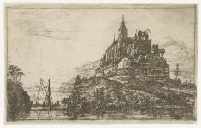 Landschap met een rivier en een kasteel op een heuvel
