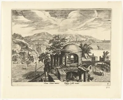Landschap met een rivier en een ruïne van een tempel