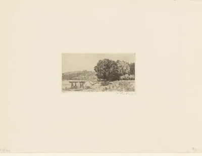 Landschap met een rivier en stadsgezicht