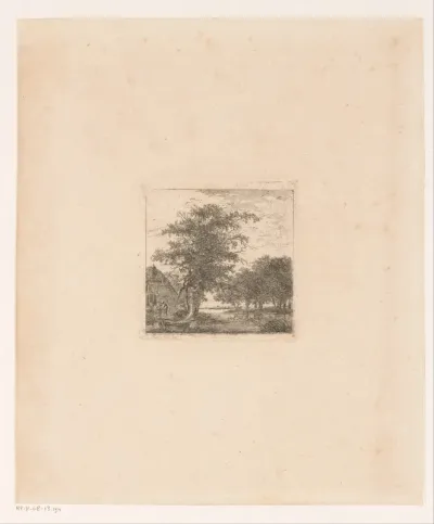 Landschap met een rivier, links een boerderij