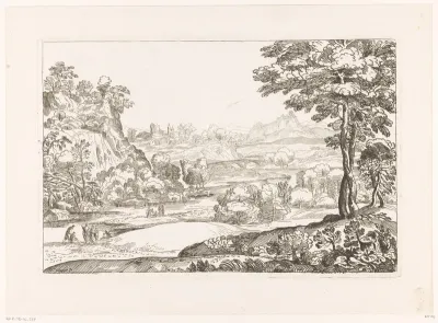 Landschap met een rivier waarover een brug met drie bogen