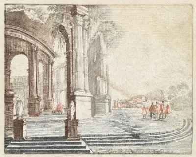 Landschap met een ronde Romeinse ruïne