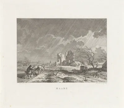 Landschap met een ruïne en een ploegende boer in de regen