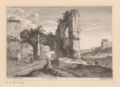 Landschap met een ruïne en een zittende vrouw op een steen