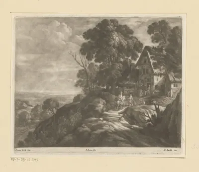 Landschap met een ruiter bij een huis op een heuvel