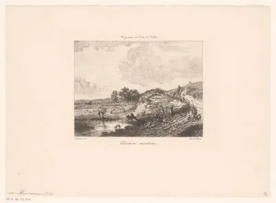Landschap met een ruiter en een jager met honden op een zandpad