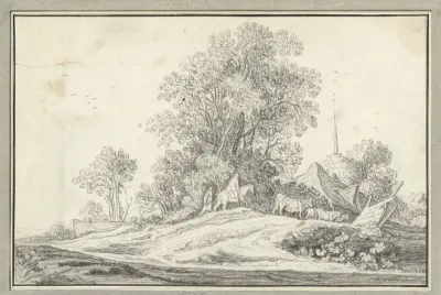 Landschap met een ruiter en koeien voor een boomgroep