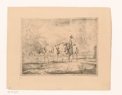 Landschap met een ruiter met paard aan de teugel