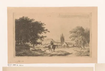 Landschap met een ruiter op een zwart paard