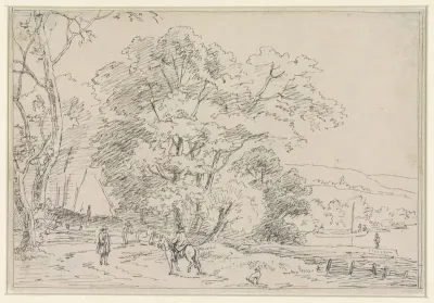 Landschap met een ruiter, wandelaars en een hond