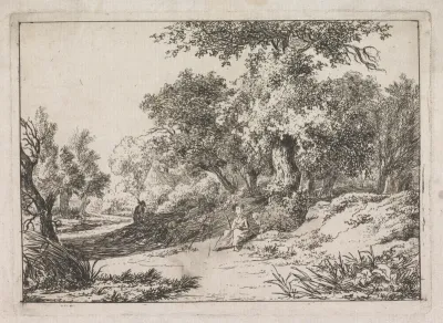Landschap met een rustende vrouw langs de weg