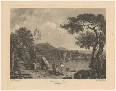 Landschap met een sarcofaag, een meer en ruïnes
