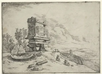Landschap met een sarcofaag en een fontein