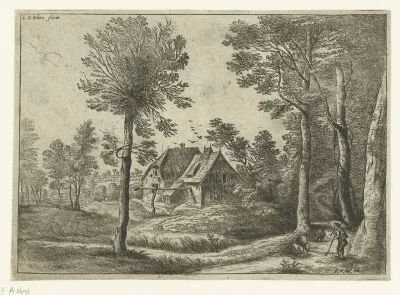 Landschap met een schalmeispelende herder bij een boerderij