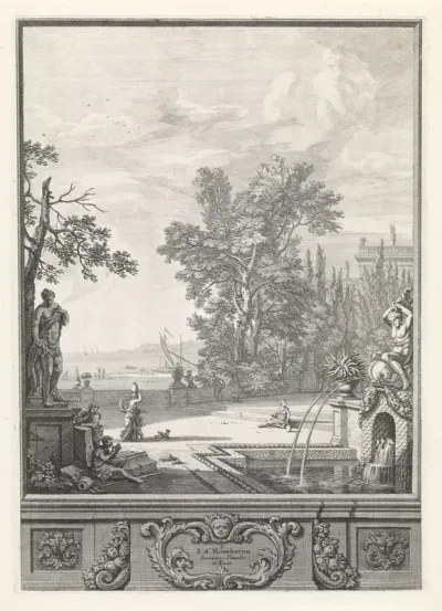 Landschap met een sculptuur, fontein en havengezicht