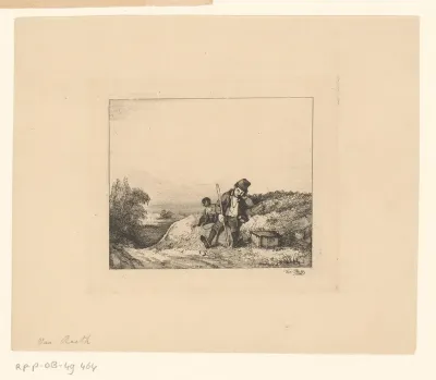 Landschap met een slapende marskramer en aap