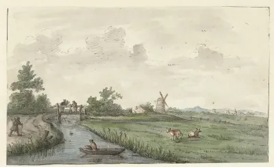 Landschap met een sloot en een landweg
