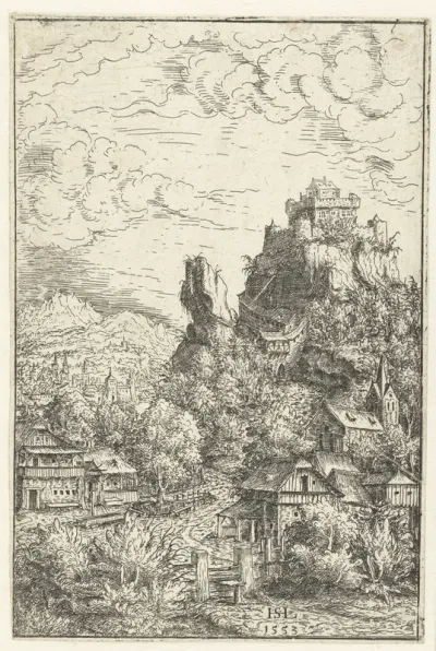 Landschap met een slot op rotsen