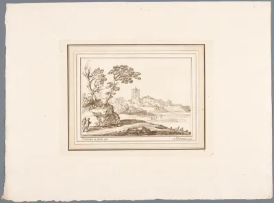 Landschap met een stad in het verschiet, links op voorgrond twee wandelaars