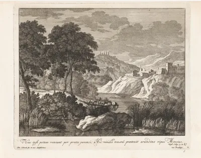 Landschap met een stad op een berg langs een rivier