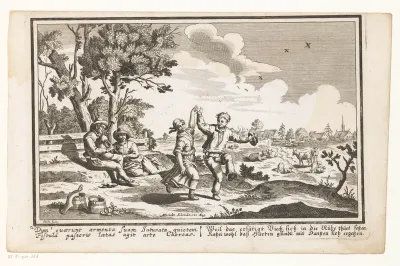 Landschap met een stel dansend op de muziek van een doedelzak
