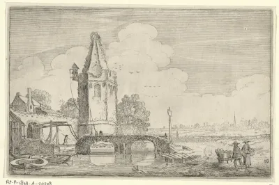 Landschap met een toren en een brug over rivier de Niers