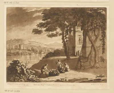 Landschap met een triomfboog en druivenoogst