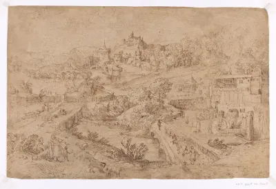 Landschap met een vestingstad in de verte