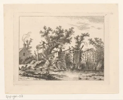 Landschap met een vissend stel aan de waterkant