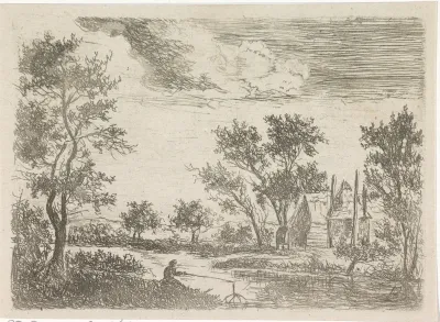 Landschap met een visser aan de waterkant