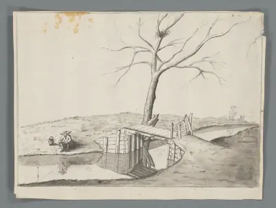 Landschap met een visser naast een brug