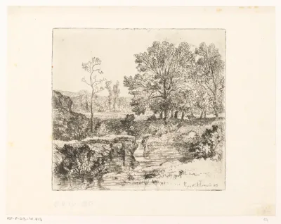 Landschap met een visser, staand in een poel