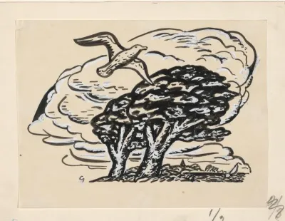 Landschap met een vliegende zeemeeuw