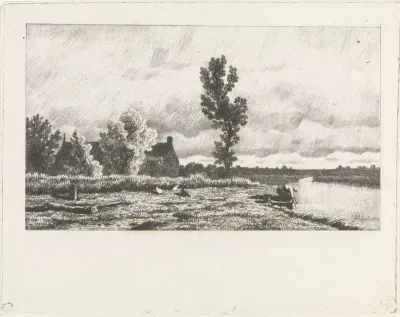 Landschap met een vrouw die de was doet