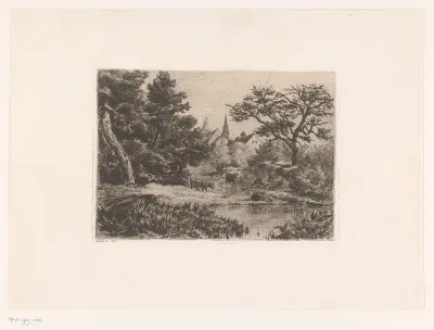 Landschap met een vrouw die water uit de beek schept